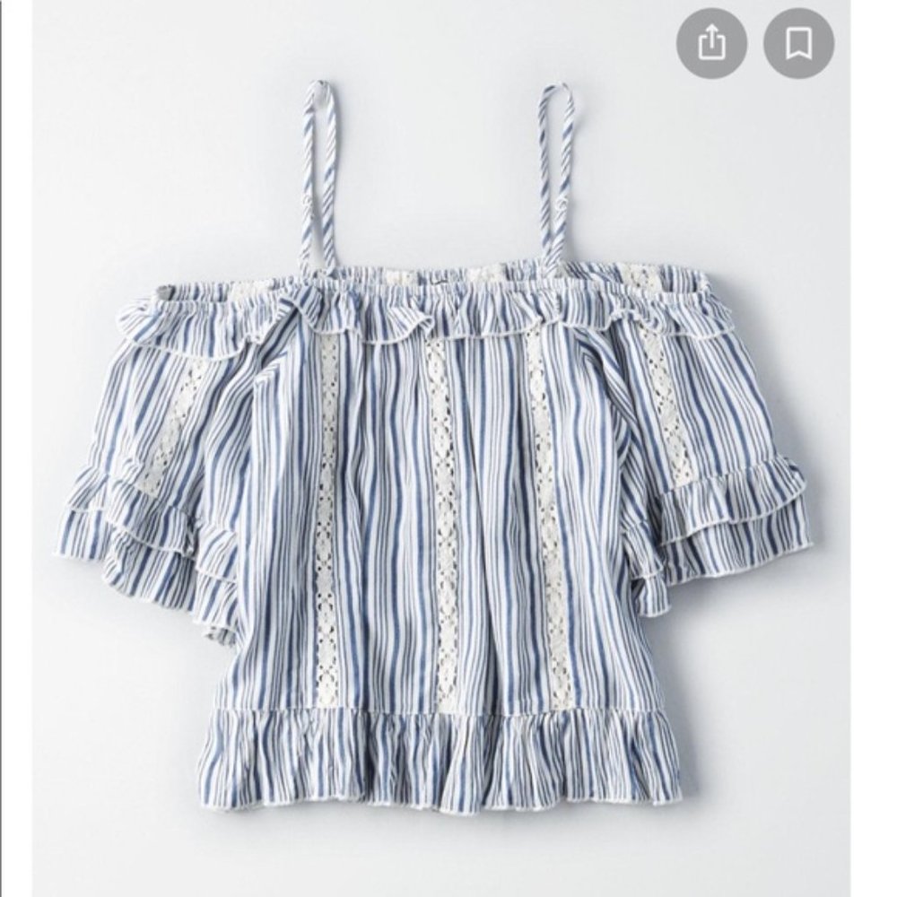 American Eagle blue and white striped chambray off the shoulder top Size Large